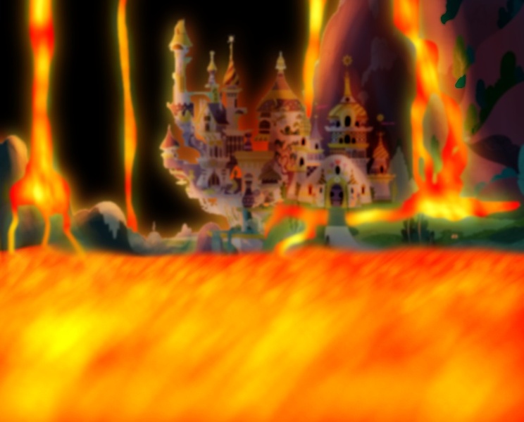 Size: 807x651 | Tagged: apocalypse, artist:jabbie64, canterlot, derpibooru import, destruction, edit, edited screencap, end of the world, fanfic, fanfic art, fanfic cover, lava, lavafall, no pony, screencap, semi-grimdark