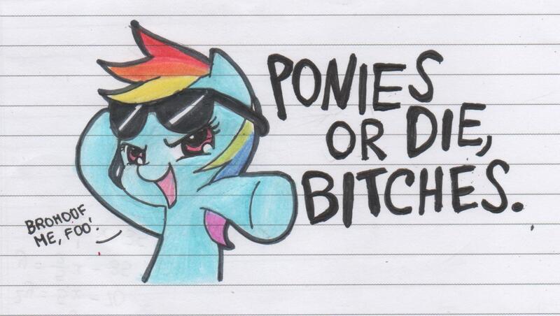 Size: 1713x968 | Tagged: artist:nabirar, bust, derpibooru import, dialogue, hoofbump, lined paper, looking at you, open mouth, rainbow dash, safe, smiling, solo, sunglasses, traditional art, underhoof, vulgar