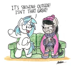 Size: 1611x1437 | Tagged: safe, artist:bobthedalek, derpibooru import, octavia melody, vinyl scratch, earth pony, pony, unicorn, clothes, couch, hat, mittens, mug, octavia is not amused, scarf, socks, striped socks, sweater, traditional art, unamused