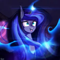 Size: 1024x1024 | Tagged: dead source, safe, artist:yunajee, derpibooru import, princess luna, glowing horn, magic, solo