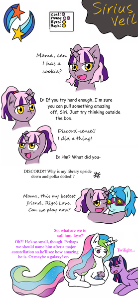 Size: 1013x2193 | Tagged: safe, artist:jolliapplegirl, derpibooru import, princess celestia, twilight sparkle, twilight sparkle (alicorn), oc, oc:sirius veil, oc:toxic love, alicorn, pony, unicorn, dialogue, female, foal, horns are touching, lesbian, magical lesbian spawn, mare, next generation, offspring, open mouth, parent:princess celestia, parent:twilight sparkle, parents:twilestia, shipping, twilestia