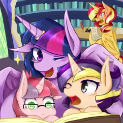 Size: 1080x1080 | Tagged: safe, artist:aka-ryuga, derpibooru import, sunset shimmer, twilight sparkle, twilight sparkle (alicorn), oc, alicorn, pony, alicornified, book, feather, glasses, horn ring, ink, magical lesbian spawn, next generation, offspring, one eye closed, open mouth, paper, parent:sunset shimmer, parent:twilight sparkle, parents:sunsetsparkle, pen, race swap, reading, scenery, shimmercorn, shipping, sunsetsparkle, twilight's castle, wink