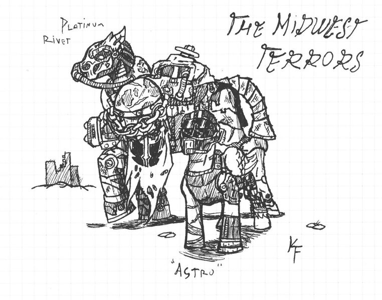 Size: 1024x806 | Tagged: artist:krashface, brotherhood of steel, derpibooru import, fallout, fallout crossover, fallout equestria, ink, inktober 2016, midwest, monochrome, oc, oc:astroraider, oc:platinum rivet, safe, steel ranger, traditional art, unofficial characters only