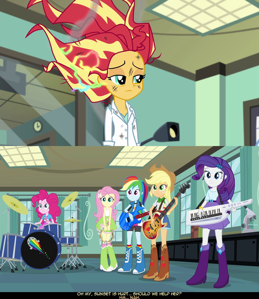 Size: 1280x1474 | Tagged: safe, derpibooru import, screencap, applejack, fluttershy, pinkie pie, rainbow dash, rarity, sunset shimmer, equestria girls, friendship games, the science of magic, bass guitar, boots, clothes, drum kit, drums, electric guitar, guitar, high heel boots, keytar, musical instrument, psyga's alternate pony scenes, skirt, tambourine, tanktop