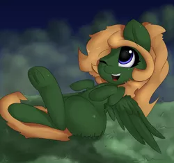 Size: 2270x2130 | Tagged: safe, artist:mangticore, derpibooru import, oc, oc:ebony feather, unofficial characters only, pegasus, pony, cute, freckles, image, one eye closed, open mouth, png, scenery, solo