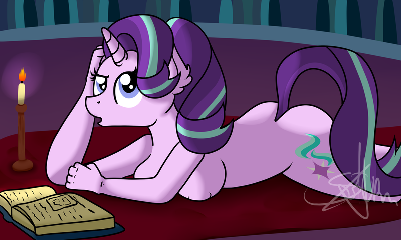 Size: 2500x1500 | Tagged: anthro, artist:saturnstar14, ass, book, breasts, busty starlight glimmer, candle, casual nudity, derpibooru import, female, glimmer glutes, nipples, nudity, prone, questionable, solo, solo female, starlight glimmer