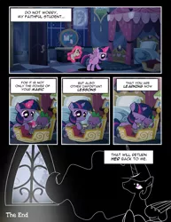 Size: 1275x1650 | Tagged: safe, artist:dsana, derpibooru import, princess celestia, smarty pants, spike, twilight sparkle, pony, comic:lessons, baby spike, comic, dialogue, dsana is trying to murder us, filly, filly twilight sparkle, implied nightmare moon, implied princess luna, magic, mare in the moon, moon, sleeping