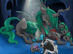 Size: 1024x767 | Tagged: artist:firimil, blue changeling, changeling, changeling oc, changeling queen, changeling queen oc, crying, cute, cutealis, cuteling, derpibooru import, female, green changeling, mother and daughter, nymph, oc, oc:alternia, ocbetes, oc:queen belladonna, oc:queen chamelia, oc:queen simulacris, purple changeling, queen chrysalis, red changeling, sad, safe, younger