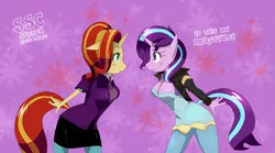 Size: 1599x890 | Tagged: alternate hairstyle, anthro, artist:traupa, breasts, busty starlight glimmer, clothes, clothes swap, derpibooru import, female, jacket, leather jacket, mane swap, pants, pantyhose, skirt, starlight glimmer, sudden style change, suggestive, sunset shimmer