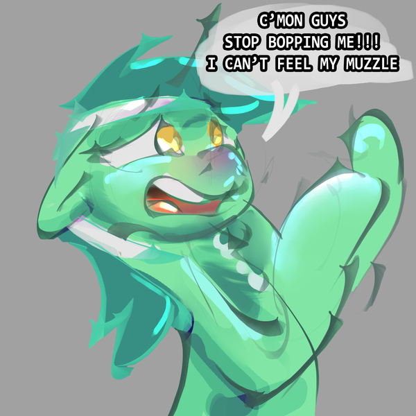 Size: 2000x2000 | Tagged: safe, artist:alumx, derpibooru import, lyra heartstrings, pony, unicorn, abuse, bipedal, boop, bruised, cute, floppy ears, frown, gray background, lyrabetes, lyrabuse, non-consensual booping, open mouth, overbooping, sad, sadorable, simple background, solo