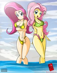 Size: 1685x2126 | Tagged: suggestive, artist:ryured, derpibooru import, fluttershy, equestria girls, adorasexy, belly button, bicolor swimsuit, bikini, breasts, busty fluttershy, cleavage, clothes, cute, cutie mark swimsuit, duality, duo, female, frilled swimsuit, green swimsuit, human coloration, human paradox, looking at you, self paradox, sexy, shyabetes, swimsuit, wet, yellow swimsuit