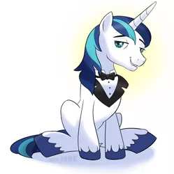 Size: 1356x1364 | Tagged: artist:lamar_bone, clothes, derpibooru import, lidded eyes, looking at you, safe, shining armor, sitting, smirk, solo, tuxedo