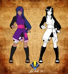Size: 4688x5100 | Tagged: absurd file size, absurd resolution, anime, artist:penspark, boots, clothes, crossover, dark skin, derpibooru import, human, humanized, kunoichi, looking at you, naruto, ninja, safe, shoes, skirt, twilight sparkle