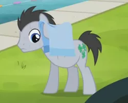 Size: 337x271 | Tagged: safe, derpibooru import, edit, edited screencap, screencap, lucky clover, earth pony, pony, leap of faith, image, male, png, solo, stallion, sweat, sweating towel guy, towel, water