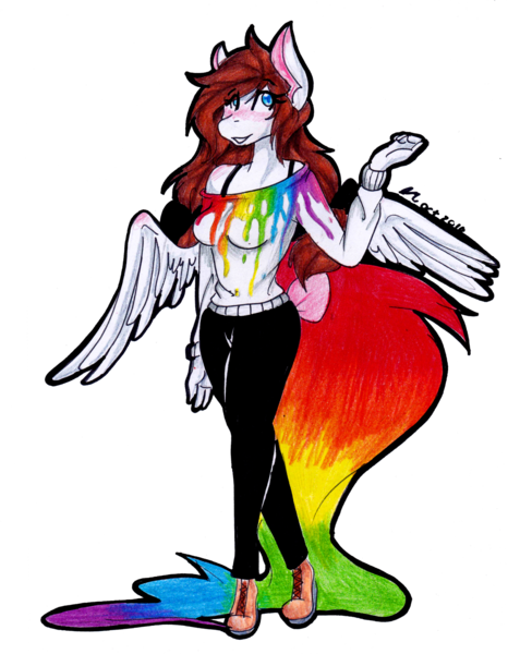 Size: 1280x1649 | Tagged: anthro, artist:mscolorsplash, derpibooru import, oc, oc:color splash, pegasus, plantigrade anthro, rainbow tail, safe, simple background, solo, traditional art, transparent background, unofficial characters only