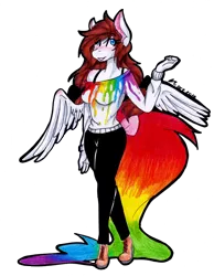 Size: 1280x1649 | Tagged: anthro, artist:mscolorsplash, derpibooru import, oc, oc:color splash, pegasus, plantigrade anthro, rainbow tail, safe, simple background, solo, traditional art, transparent background, unofficial characters only