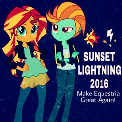 Size: 548x548 | Tagged: safe, artist:dashiefan2502, artist:sugar-loop, artist:xebck, derpibooru import, lightning dust, sunset shimmer, equestria girls, clothes, equestria girls-ified, make america great again