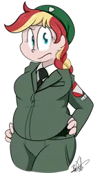 Size: 2419x4378 | Tagged: artist:befishproductions, austria, bbw, belly, belt, beret, big belly, braid, chubby, clothes, cuddly, cute, derpibooru import, fat, glare, human, humanized, humanized oc, jacket, looking at you, military, military uniform, necktie, oc, oc:reinna vorau, overweight, remove kebab, safe, signature, simple background, soldier, solo, transparent background, uniform, unofficial characters only