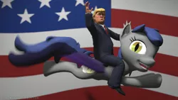 Size: 1280x720 | Tagged: safe, artist:batponyecho, derpibooru import, oc, oc:echo, unofficial characters only, bat pony, human, pony, 3d, american flag, donald trump, flag, flying, politics, president, riding, source filmmaker, why