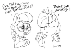 Size: 1280x863 | Tagged: safe, artist:pabbley, derpibooru import, diamond tiara, silver spoon, pony, carrot, carrot dog, dialogue, duo, female, food, gee bill, grayscale, hot dog, hotdog meme, lineart, meat, meme, monochrome, ponies eating meat, sausage, simple background, white background