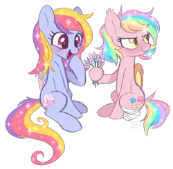 Size: 2487x2433 | Tagged: safe, artist:hawthornss, derpibooru import, oc, oc:glittering cloud, oc:paper stars, unofficial characters only, bat pony, pegasus, pony, amputee, blushing, cute, female, flower, glitterstars, hoof hold, lesbian, looking away, mare, open mouth, scrunchy face, shipping, simple background, sitting, sparkles, transparent background, tsundere