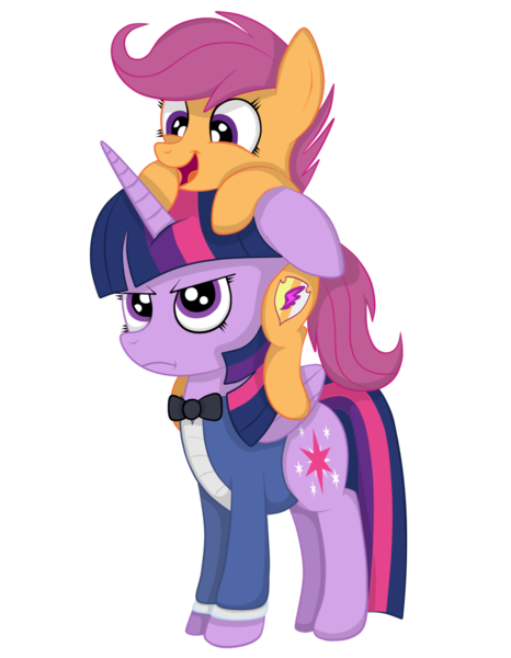 Size: 1024x1319 | Tagged: safe, artist:squipycheetah, derpibooru import, scootaloo, twilight sparkle, twilight sparkle (alicorn), alicorn, pony, the count of monte rainbow, albert de morcef, alternate universe, annoyed, bowtie, clothes, cute, cutealoo, cutie mark, duo, father and son, female, filly, floppy ears, folded wings, grumpy, grumpy twilight, happy, jacket, looking at you, looking down, looking up, mondego, monsparkle, open mouth, ponies riding ponies, pony hat, scootabert, scootalove, simple background, smiling, standing, the cmc's cutie marks, the count of monte cristo, transparent background, twilight is not amused, vector