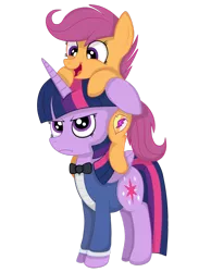 Size: 1024x1319 | Tagged: safe, artist:squipycheetah, derpibooru import, scootaloo, twilight sparkle, twilight sparkle (alicorn), alicorn, pony, the count of monte rainbow, albert de morcef, alternate universe, annoyed, bowtie, clothes, cute, cutealoo, cutie mark, duo, father and son, female, filly, floppy ears, folded wings, grumpy, grumpy twilight, happy, jacket, looking at you, looking down, looking up, mondego, monsparkle, open mouth, ponies riding ponies, pony hat, scootabert, scootalove, simple background, smiling, standing, the cmc's cutie marks, the count of monte cristo, transparent background, twilight is not amused, vector