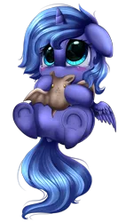 Size: 1417x2503 | Tagged: safe, artist:pridark, derpibooru import, princess luna, alicorn, bat, pony, blushing, crying, cute, dock, eye reflection, filly, floppy ears, foal, lunabetes, nom, on back, plushie, pridark is trying to murder us, reflection, sad, simple background, sitting, smiling, solo, transparent background, underhoof, weapons-grade cute, woona, younger
