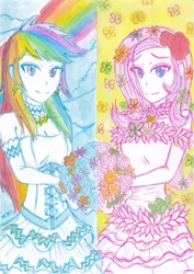 Size: 2468x3484 | Tagged: artist:dragonemperror2810, clothes, derpibooru import, dress, duo, flower, fluttershy, human, humanized, looking at you, rainbow dash, safe, traditional art, wedding dress