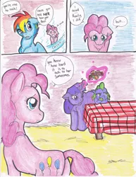 Size: 2552x3300 | Tagged: safe, artist:tristanjsolarez, derpibooru import, pinkie pie, rainbow dash, spike, twilight sparkle, dragon, earth pony, pegasus, pony, unicorn, comic:trans ponies, comic, cookie, female, food, lesbian, magic, male, mare, pink background, shipping, simple background, stallion, transgender, twinkie, unicorn twilight