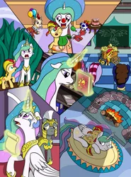 Size: 2593x3500 | Tagged: safe, artist:fimstargazer, derpibooru import, kibitz, princess celestia, sunset shimmer, pony, comic:memories, balloon, book, clown celestia, clown nose, comic, crying, dragon egg, egg, fireplace, magic, momlestia, party, present, royal guard, scroll, sleeping, snuggling, telekinesis