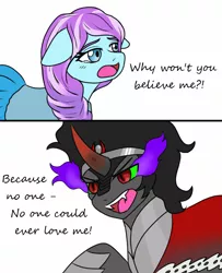 Size: 979x1205 | Tagged: amber leaf, artist:jolliapplegirl, cloak, clothes, comic, crying, curved horn, dark magic, derpibooru import, dialogue, fangs, floppy ears, king sombra, magic, once upon a time, safe, sapphire joy, sapphombra, shipping, sombra eyes