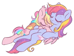 Size: 1970x1486 | Tagged: safe, artist:hawthornss, derpibooru import, oc, oc:glittering cloud, oc:paper stars, unofficial characters only, bat pony, pegasus, pony, cute, eyes closed, female, glitterstars, lesbian, mare, shipping, simple background, sleeping, smiling, snuggling, transparent background