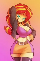 Size: 835x1280 | Tagged: suggestive, artist:bigdad, derpibooru import, sunset shimmer, human, equestria girls, arm behind head, bedroom eyes, belly button, big breasts, breasts, busty sunset shimmer, cleavage, clothes, curvy, female, gradient background, hourglass figure, humanized, impossibly thin waist, looking at you, midriff, miniskirt, no pupils, praise the sunset, sexy, skirt, smiling, smirk, socks, solo, solo female, stupid sexy sunset shimmer, thigh highs, wide hips, zettai ryouiki