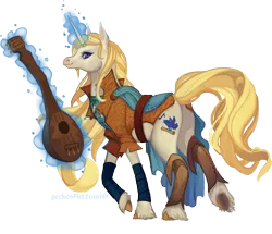 Size: 2204x1898 | Tagged: safe, artist:sitaart, derpibooru import, oc, oc:blue haze, unofficial characters only, pony, unicorn, ponyfinder, bard, blonde, blonde hair, blonde mane, blue eyes, clothes, dungeons and dragons, fantasy class, female, horn ring, lute, mare, pathfinder, pen and paper rpg, rpg, simple background, solo, transparent background, unshorn fetlocks, white fur