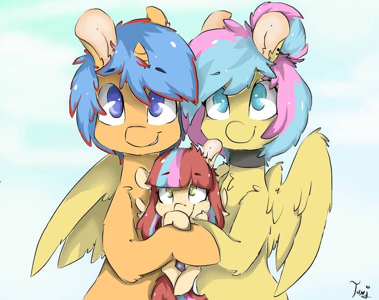 Size: 1944x1536 | Tagged: safe, artist:tamyarts, derpibooru import, oc, unofficial characters only, pegasus, pony, unicorn, choker, cute, family, female, filly, fluffy, freckles, grin, hug, looking at you, male, mare, oc x oc, offspring, parents:oc x oc, shipping, smiling, stallion, straight, wing fluff, winghug