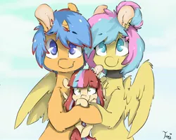 Size: 1944x1536 | Tagged: safe, artist:tamyarts, derpibooru import, oc, unofficial characters only, pegasus, pony, unicorn, choker, cute, family, female, filly, fluffy, freckles, grin, hug, looking at you, male, mare, oc x oc, offspring, parents:oc x oc, shipping, smiling, stallion, straight, wing fluff, winghug