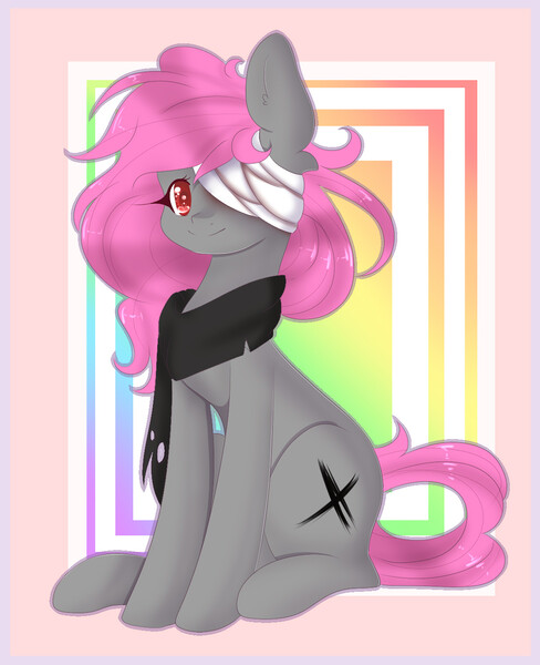 Size: 1128x1387 | Tagged: safe, artist:clefficia, derpibooru import, oc, oc:storm petal, unofficial characters only, earth pony, pony, bandage, clothes, female, mare, scarf, sitting, solo