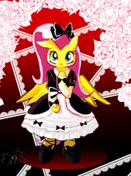Size: 1200x1614 | Tagged: safe, artist:phoenixperegrine, derpibooru import, fluttershy, pony, bipedal, clothes, cute, dress, gothic lolita, looking at you, shyabetes, solo