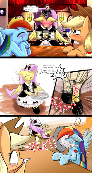 Size: 1920x3600 | Tagged: applejack, artist:phoenixperegrine, blood, blushing, cake, cider, clothes, clumsy, comic, derpibooru import, dress, faceplant, fluttershy, food, implied flutterdash, lolita fashion, lolitashy, maid, mess, messy, nosebleed, rainbow dash, restaurant, safe, trip, waitress