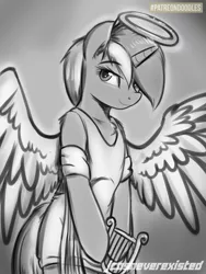 Size: 600x800 | Tagged: safe, artist:jcosneverexisted, derpibooru import, lyra heartstrings, pony, unicorn, angel, bipedal, clothes, costume, female, grayscale, halo, looking at you, monochrome, solo