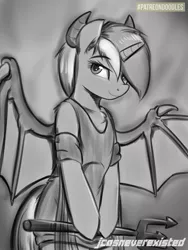 Size: 600x800 | Tagged: safe, artist:jcosneverexisted, derpibooru import, lyra heartstrings, pony, unicorn, bipedal, clothes, costume, devil, female, grayscale, looking at you, monochrome, solo