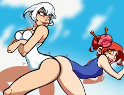 Size: 1280x989 | Tagged: artist:naughtybmanual, butt bump, butt to butt, butt touch, clothes, derpibooru import, female, females only, human, humanized, humanized oc, keijo, oc, oc:altima, oc:sureibu, one-piece swimsuit, suggestive, swimsuit, unofficial characters only