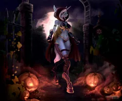 Size: 1024x852 | Tagged: anthro, artist:oneofyouare, breasts, busty trixie, cape, clothes, crepuscular rays, crossover, derpibooru import, elf ears, female, gate, jack-o-lantern, moon, moonlight, night, pumpkin, solo, solo female, suggestive, sylvanas windrunner, trixie, unguligrade anthro, warcraft, world of warcraft