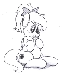 Size: 2100x2400 | Tagged: artist:an-tonio, aryan, aryan pony, belly, big belly, blonde, bow, chubby, commission, cute, derpibooru import, eating, fat, food, grayscale, hair bow, iron cross, luftwaffe, monochrome, nazipone, nom, oc, oc:kyrie, plump, pretzel, request, safe, simple background, sitting, solo, unofficial characters only, weapons-grade cute, weight gain, white background