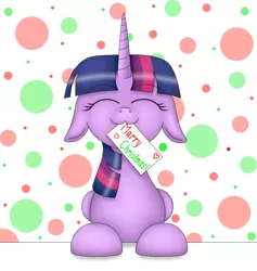 Size: 1510x1590 | Tagged: safe, artist:margo24, derpibooru import, twilight sparkle, twilight sparkle (alicorn), alicorn, pony, :3, christmas, cute, eyes closed, floppy ears, leaning, misspelling, mouth hold, nom, solo, twiabetes