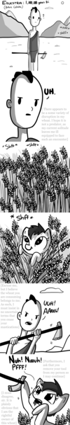 Size: 750x4500 | Tagged: safe, artist:tjpones, derpibooru import, oc, unofficial characters only, earth pony, human, pony, horse wife, cave pony, caveman, comic, cute, dialogue, food, funny, grayscale, hoe, looking up, meme, monochrome, onomatopoeia, prehistoric, subtitles, translation, wheat