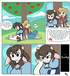 Size: 1280x1403 | Tagged: artist:mt, bell, blushing, comic, cowbell, cow girl, crying, derpibooru import, oc, oc:petunia, oc:utah, oc x oc, offspring, parent:applejack, parent:daisy jo, safe, satyr, shipping, tree, udder, unofficial characters only