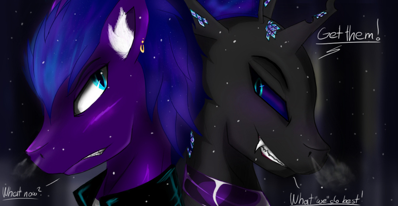 Size: 1096x567 | Tagged: safe, artist:phobos-ilungian, derpibooru import, oc, oc:farbian, oc:phobos, unofficial characters only, changeling, earth pony, pony, blushing, clothes, couple, crystal, fangs, fluffy, fluffy mane, forest, grin, interspecies, jacket, leather jacket, male, nervous, night, purple, purple changeling, smiling, snow, sparkle, stallion, transform, winter
