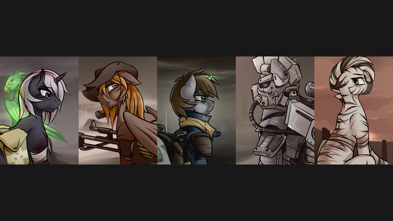 Size: 1920x1080 | Tagged: safe, artist:whitepone, derpibooru import, oc, oc:calamity, oc:littlepip, oc:pyrelight, oc:steelhooves, oc:velvet remedy, oc:xenith, unofficial characters only, balefire phoenix, earth pony, pegasus, phoenix, pony, unicorn, zebra, fallout equestria, fanfic, applejack's rangers, armor, bandage, battle saddle, clothes, dashite, fanfic art, female, floppy ears, fluttershy medical saddlebag, gun, hat, hooves, horn, male, mare, medical saddlebag, power armor, rifle, saddle bag, stallion, steel ranger, vault suit, wallpaper, weapon, wings